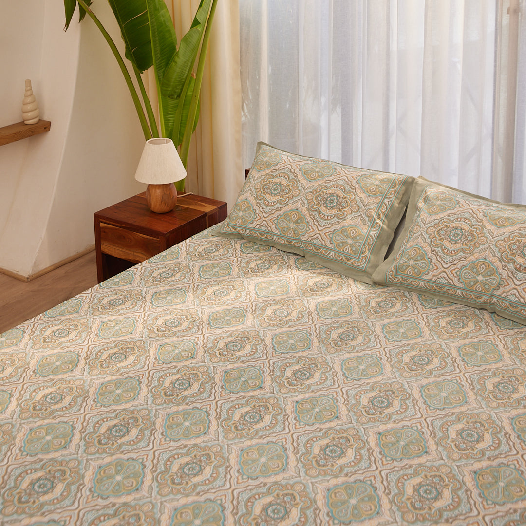 Cotton Blue-Grey Geometric Queen Size Bedsheet