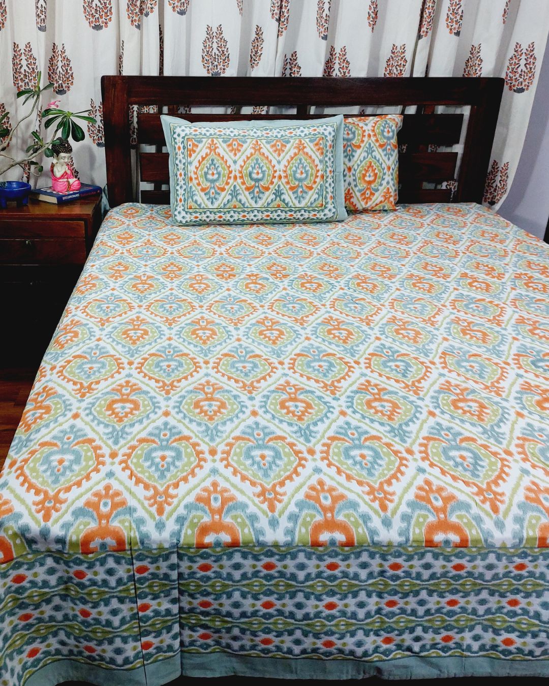 White Orange Floral Grid Pattern Hand Printed Double Bedsheet