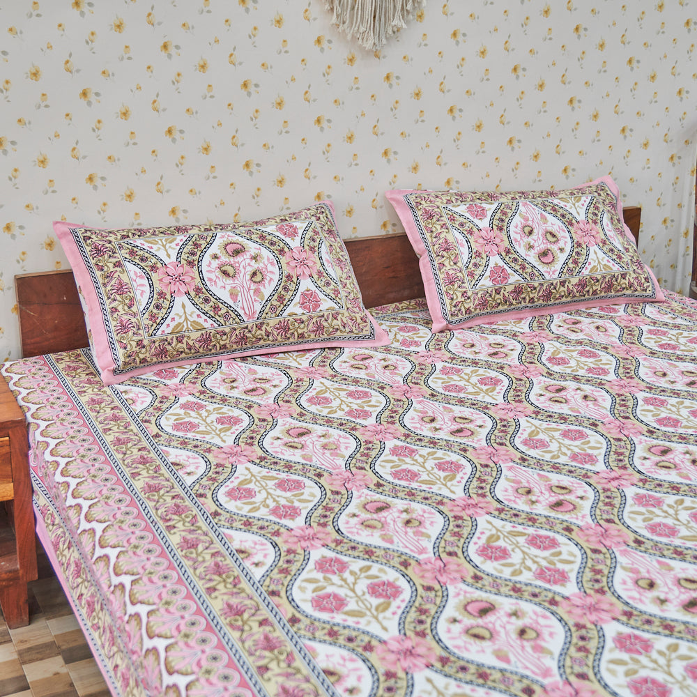 Cotton Long Bel White Pink Flax Queen Size Bedsheet