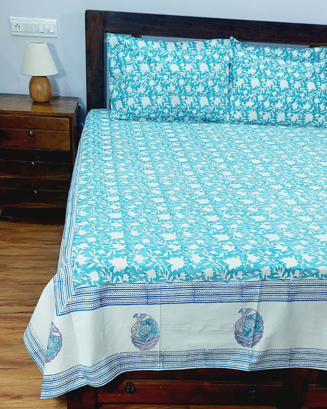 Fine Cotton Queen Size Bedsheet Blue White Floral Jaal Block Print