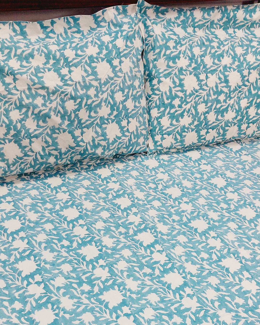 Fine Cotton Queen Size Bedsheet Blue White Floral Jaal Block Print