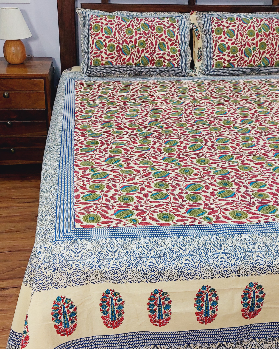 Floral Green-Blue Bal Print King Size Bedsheet