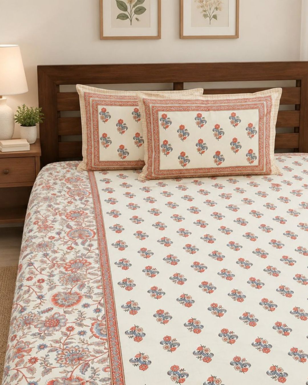 Cotton Mughal Floral Boota Print King Size Bedsheet