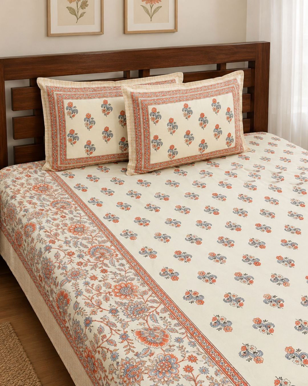 Cotton Mughal Floral Boota Print King Size Bedsheet