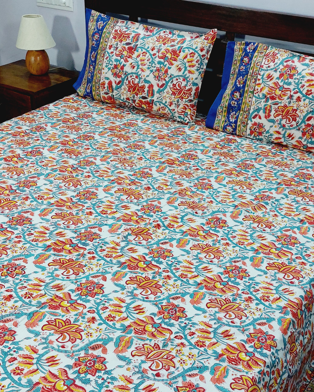 Cotton King Size Bedsheet Blue Orange Floral Block Print