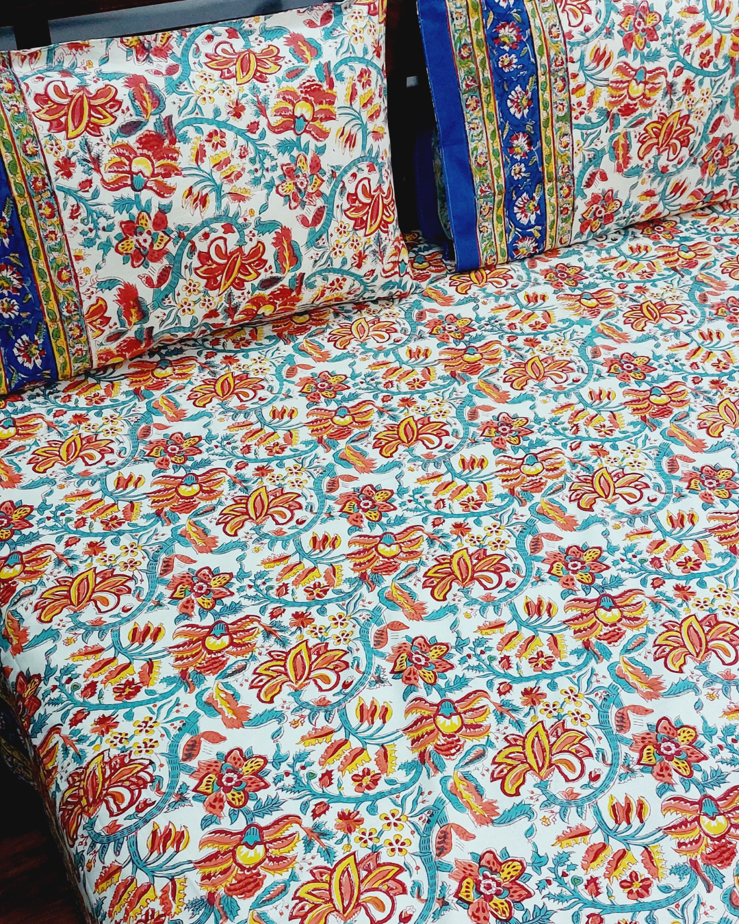 Cotton King Size Bedsheet Blue Orange Floral Block Print