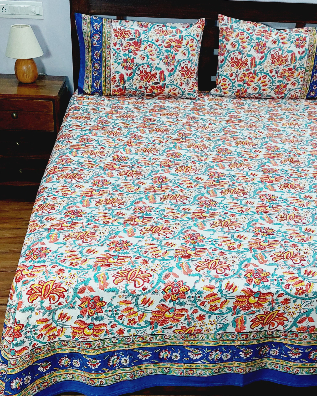 Cotton King Size Bedsheet Blue Orange Floral Block Print