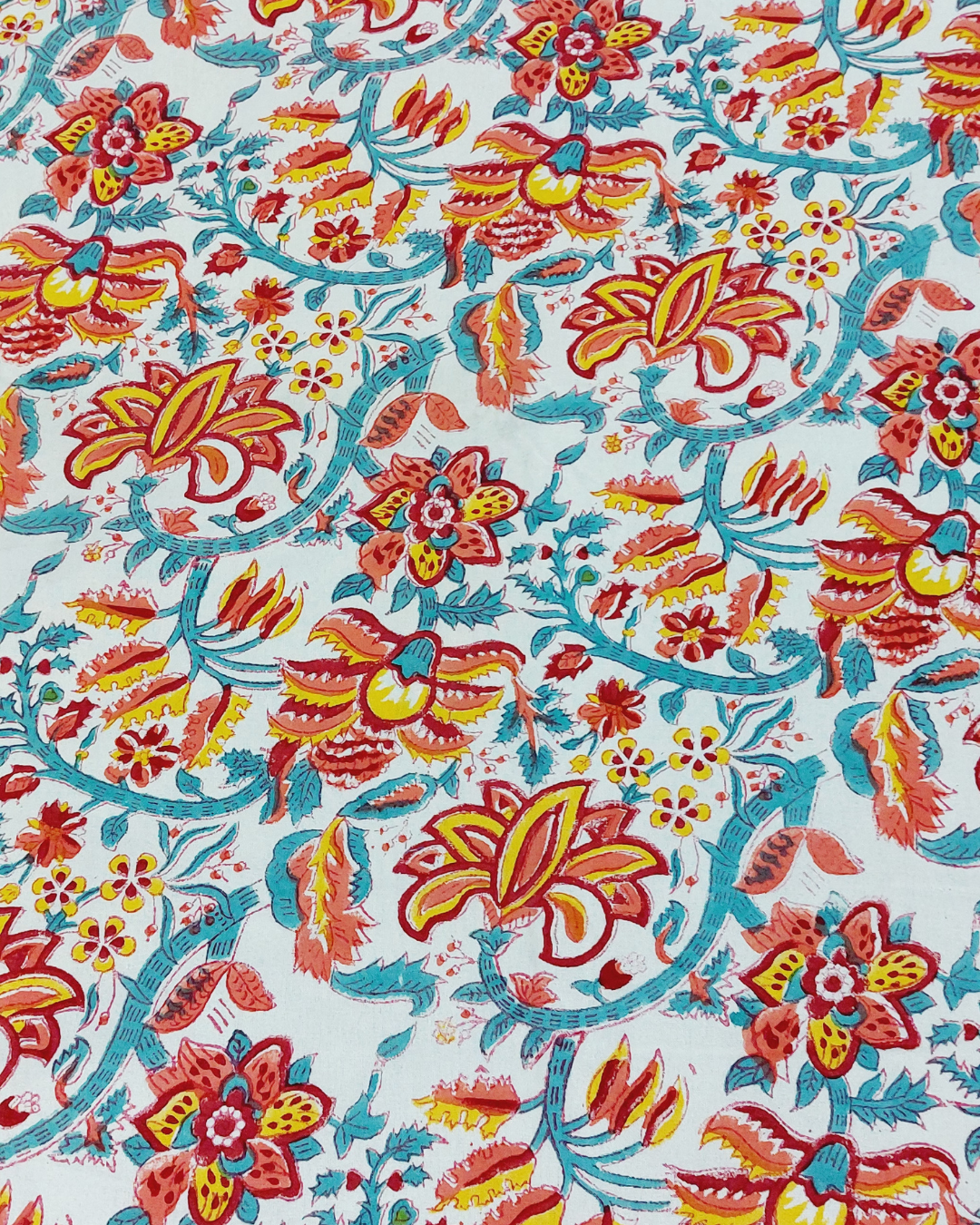 Cotton King Size Bedsheet Blue Orange Floral Block Print