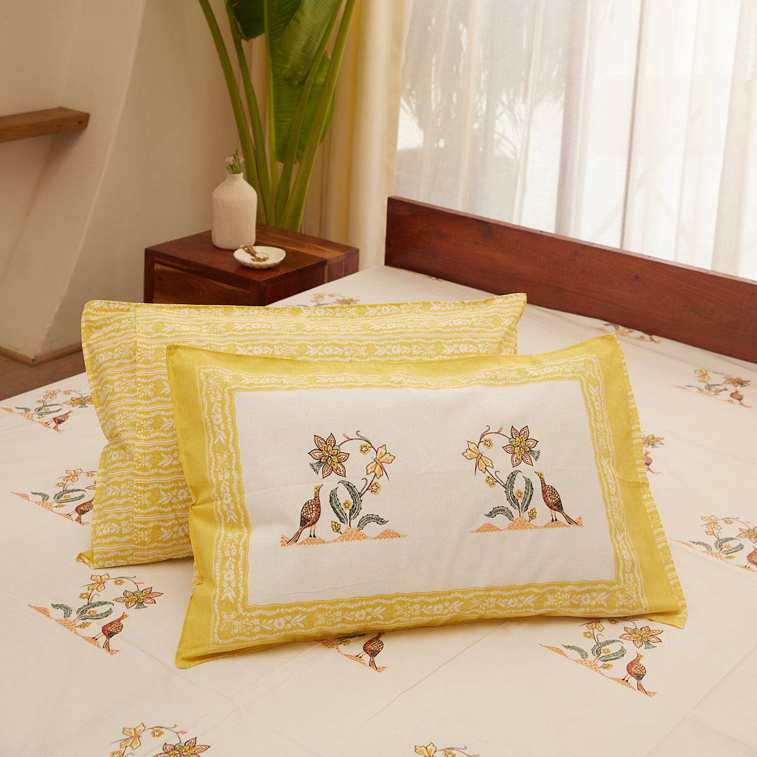 Cotton Orange-White Peacock Block Print Bedsheet