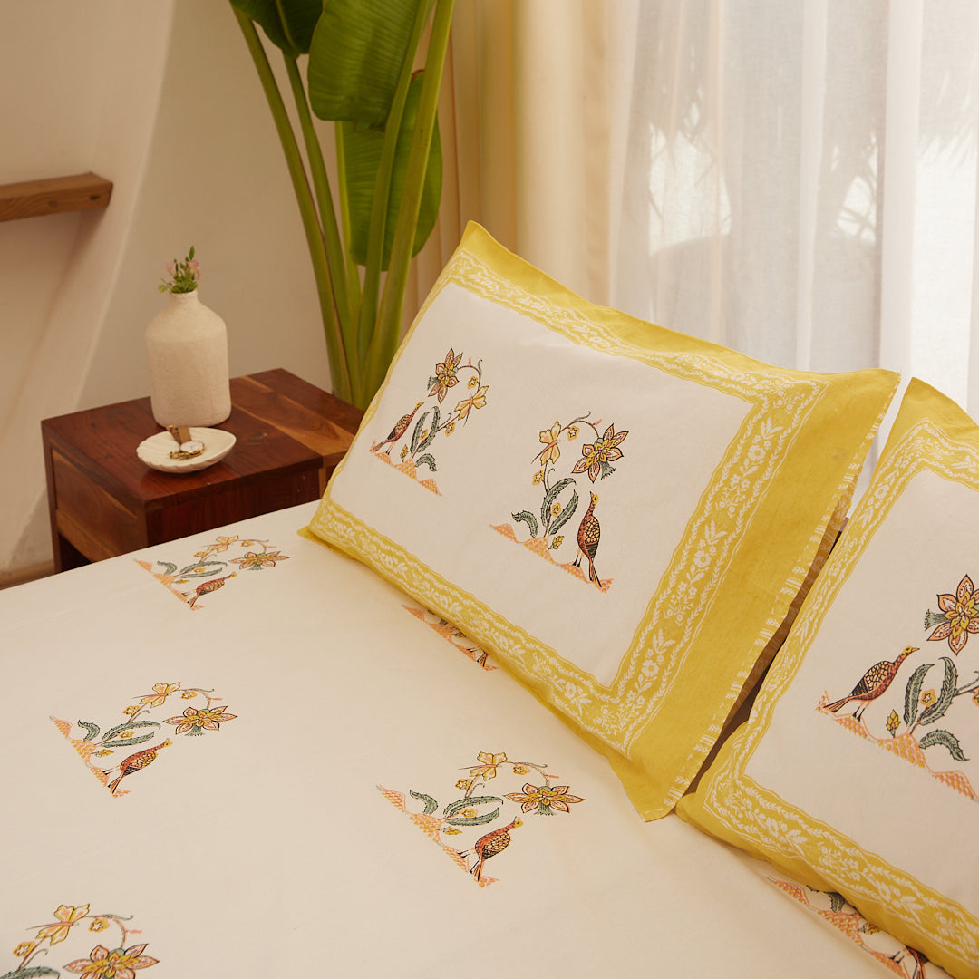 Cotton Orange-White Peacock Block Print Bedsheet