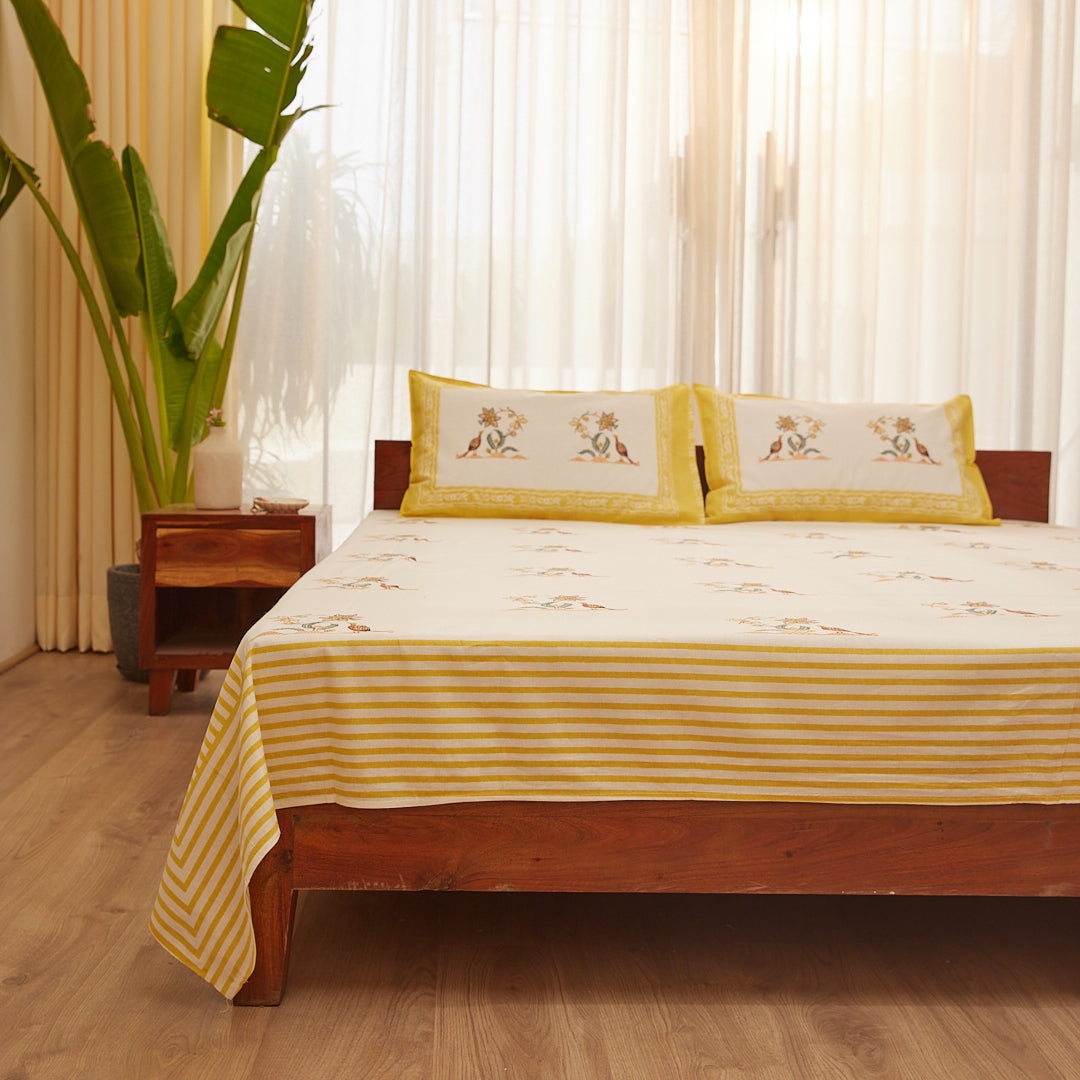 Cotton Orange-White Peacock Block Print Bedsheet
