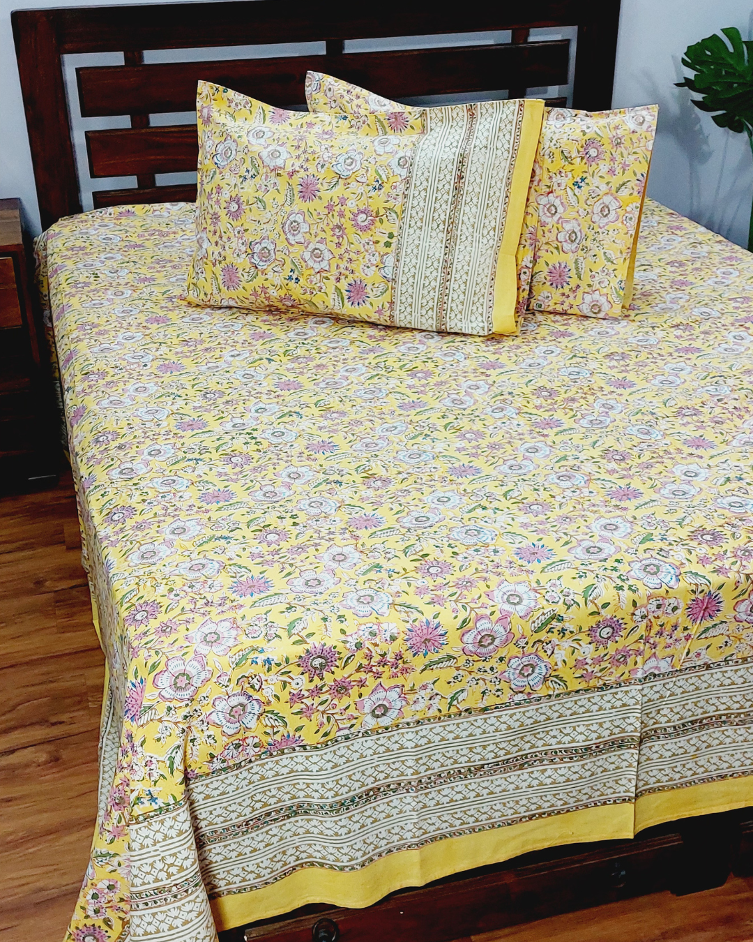 Cotton King Size Bedsheet Yellow Pink Floral Jaal Block Print