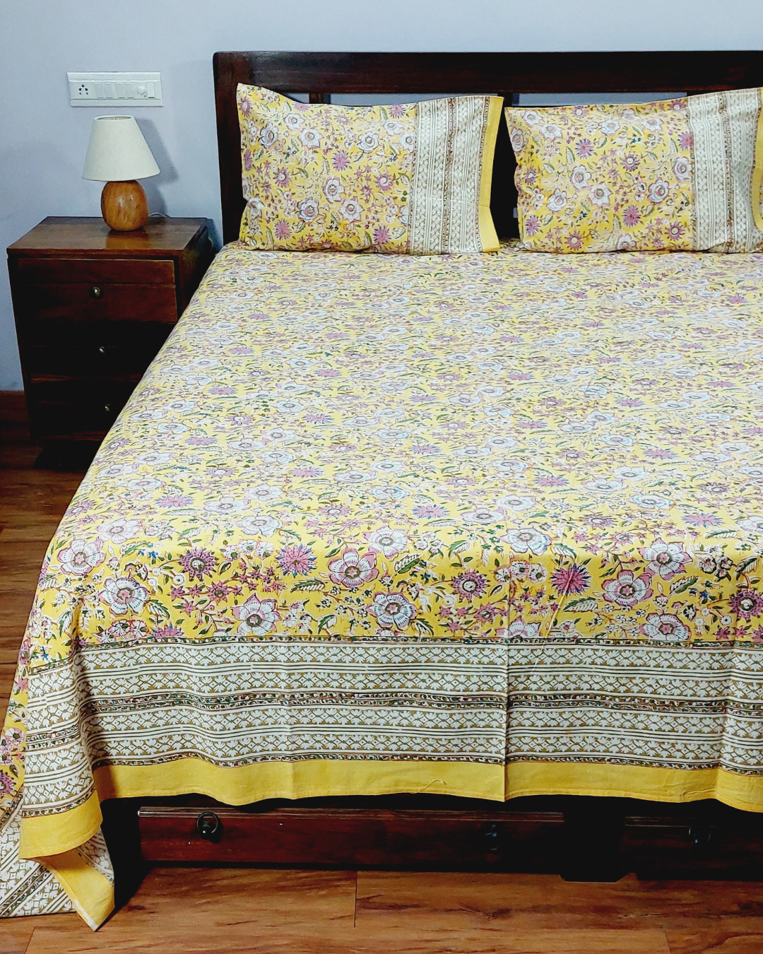 Cotton King Size Bedsheet Yellow Pink Floral Jaal Block Print