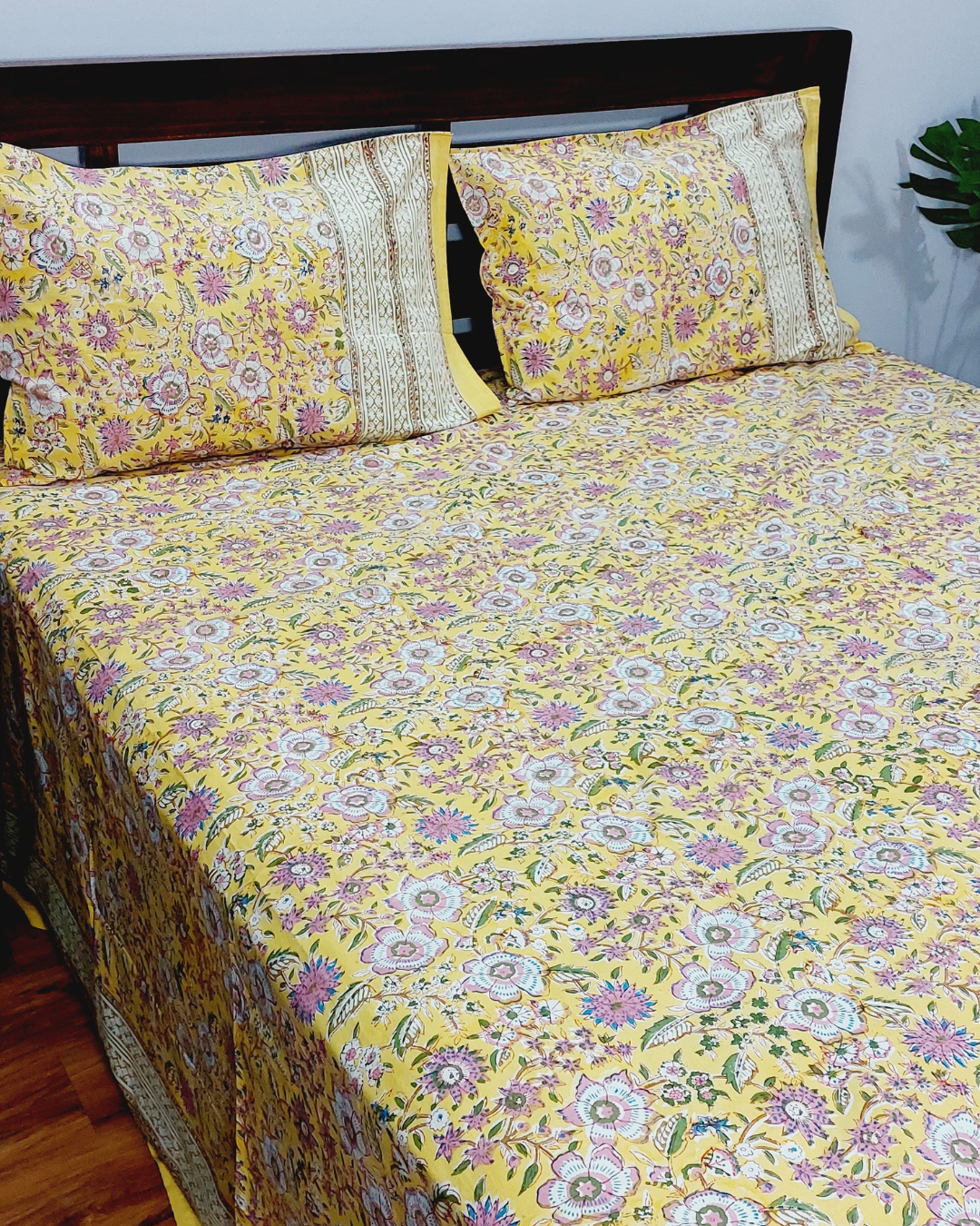 Cotton King Size Bedsheet Yellow Pink Floral Jaal Block Print