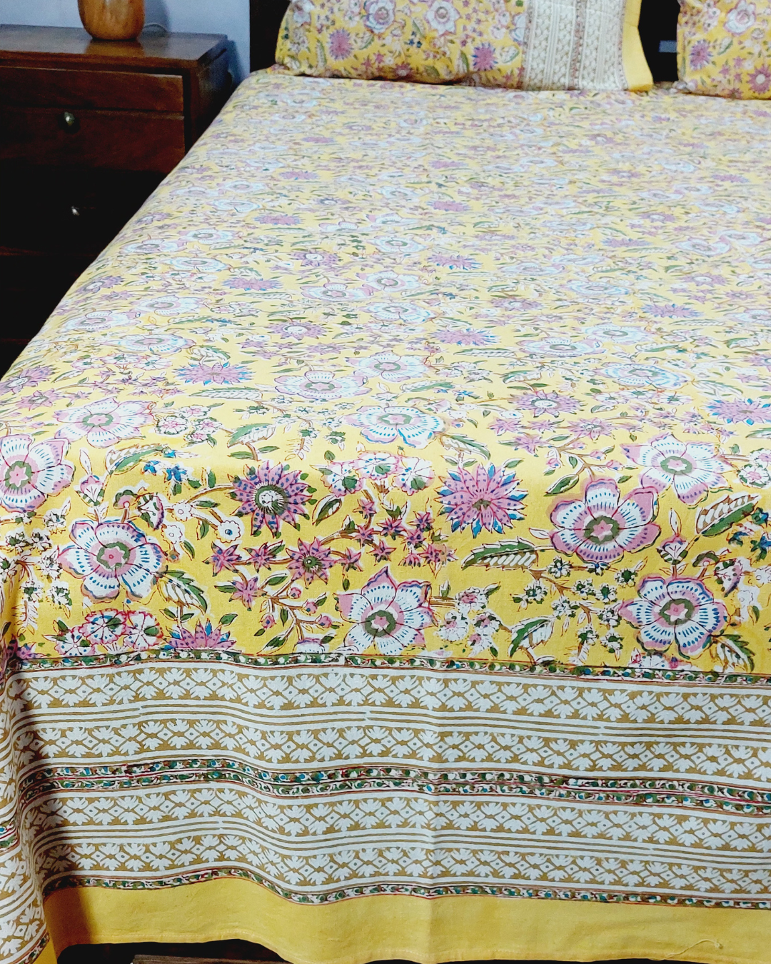 Cotton King Size Bedsheet Yellow Pink Floral Jaal Block Print