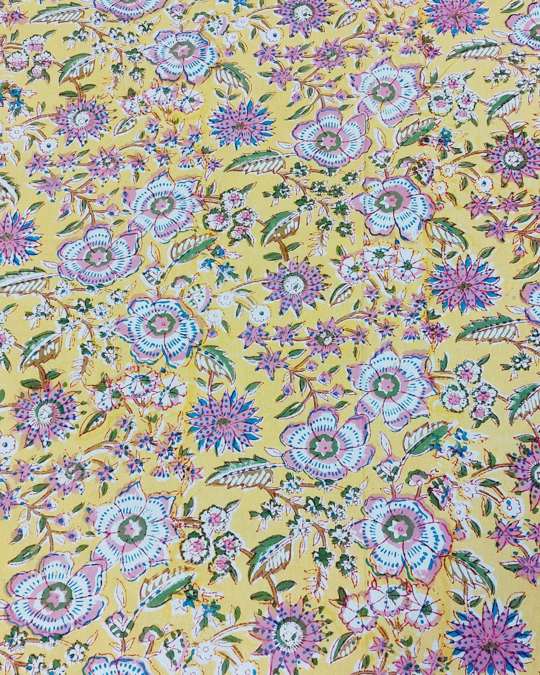 Cotton King Size Bedsheet Yellow Pink Floral Jaal Block Print