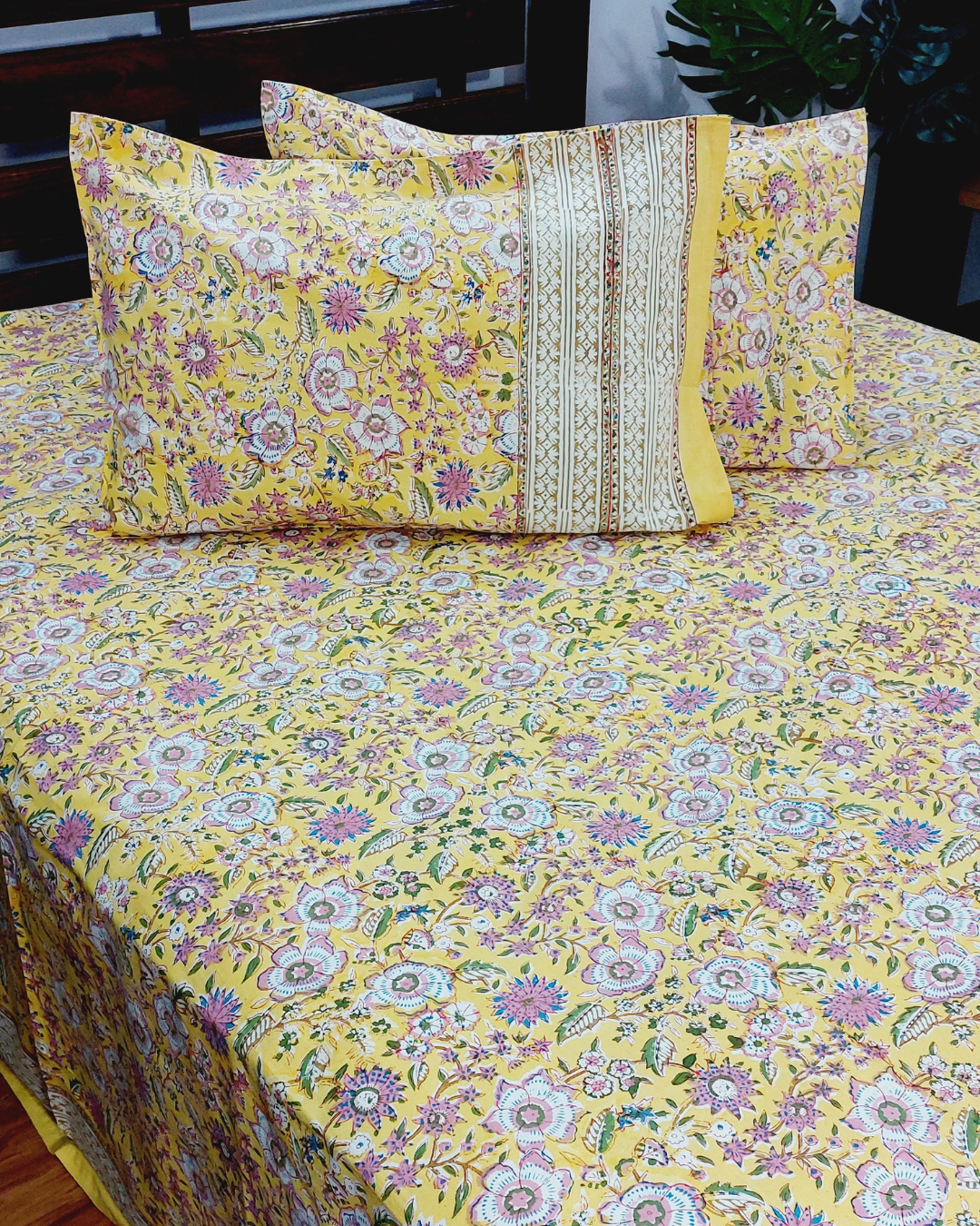 Cotton King Size Bedsheet Yellow Pink Floral Jaal Block Print