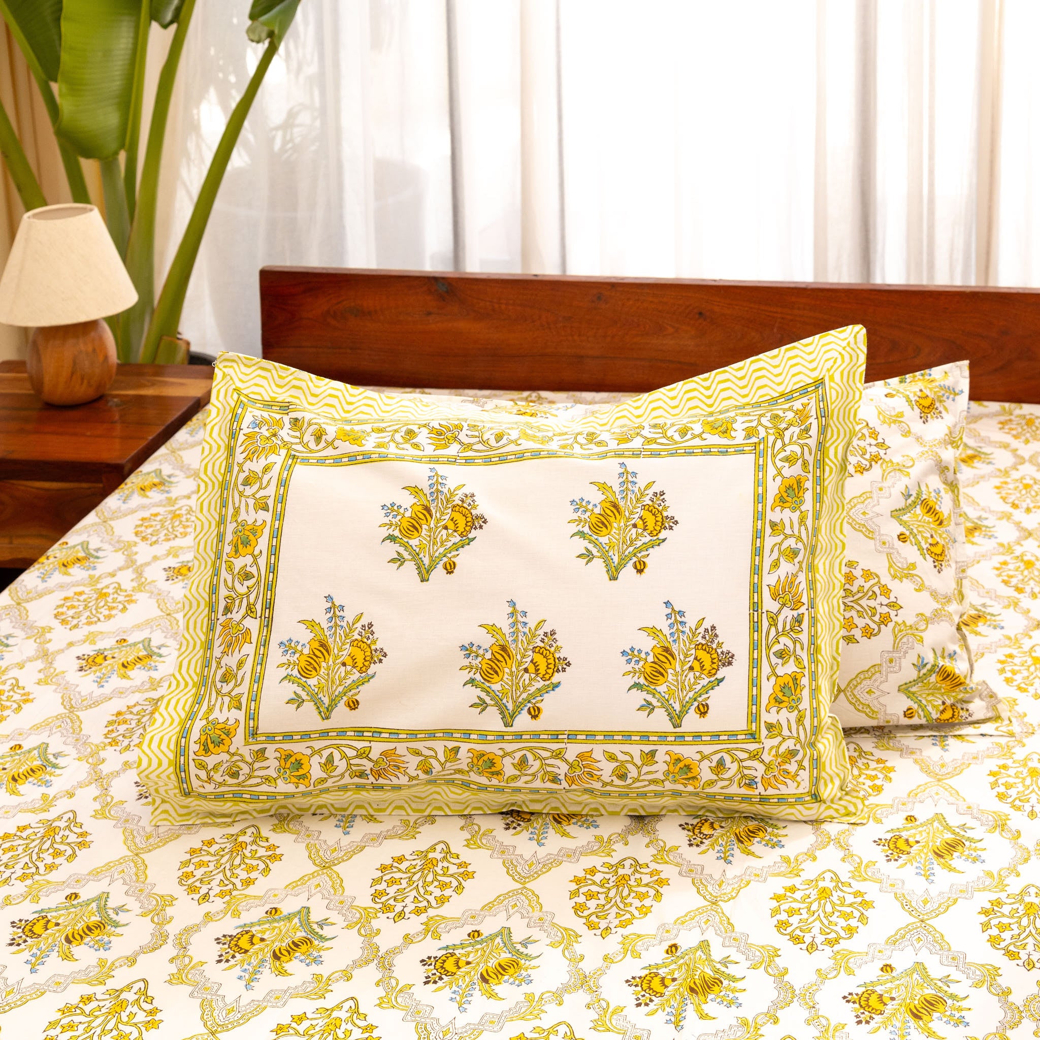 Super Fine Cotton bedsheet Mustard-Green Floral Block Print