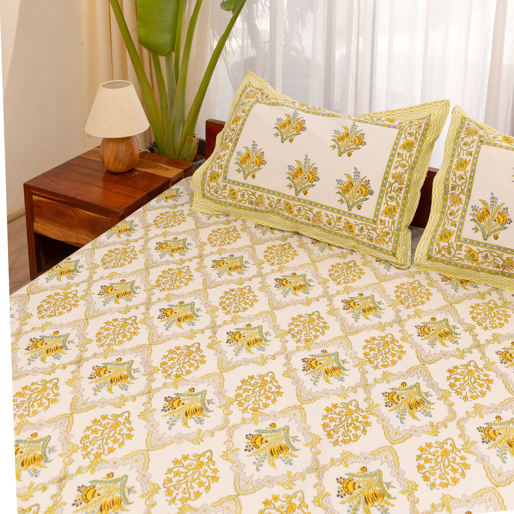 Super Fine Cotton bedsheet Mustard-Green Floral Block Print