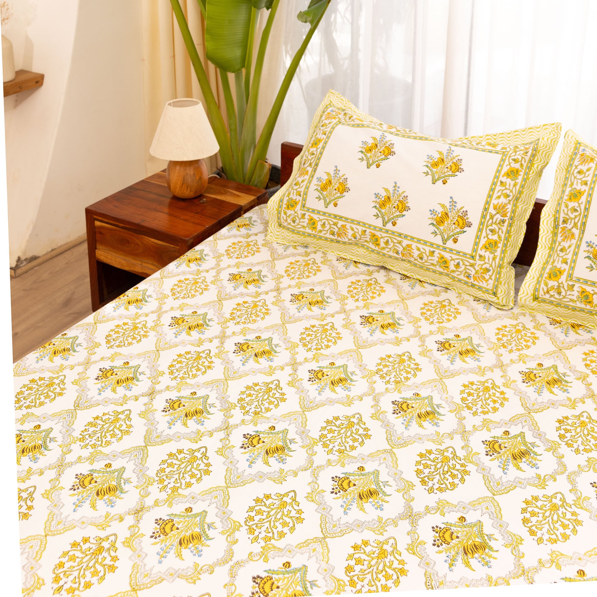 Super Fine Cotton bedsheet Mustard-Green Floral Block Print