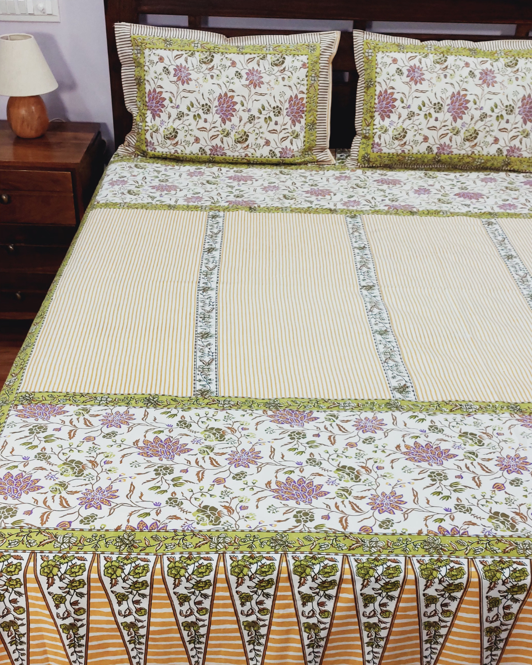 Cotton Yellow Green Floral King Size Bedsheet