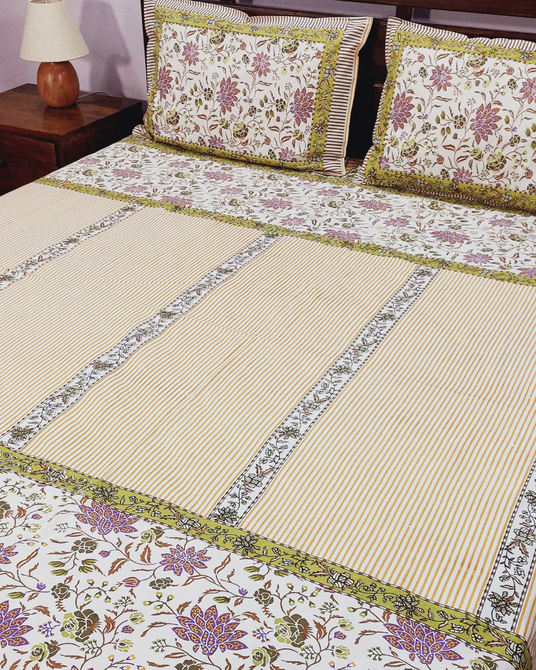 Cotton Yellow Green Floral King Size Bedsheet