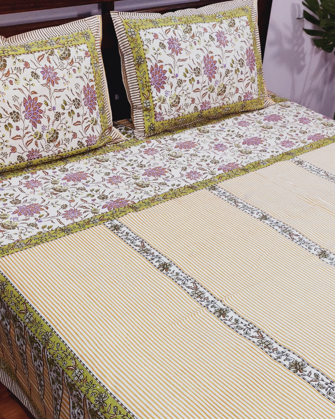 Cotton Yellow Green Floral King Size Bedsheet