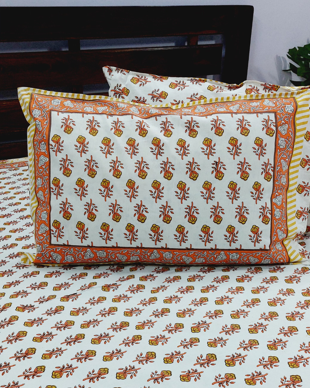 Cotton Orange Floral Butti Print King Size Bedsheet