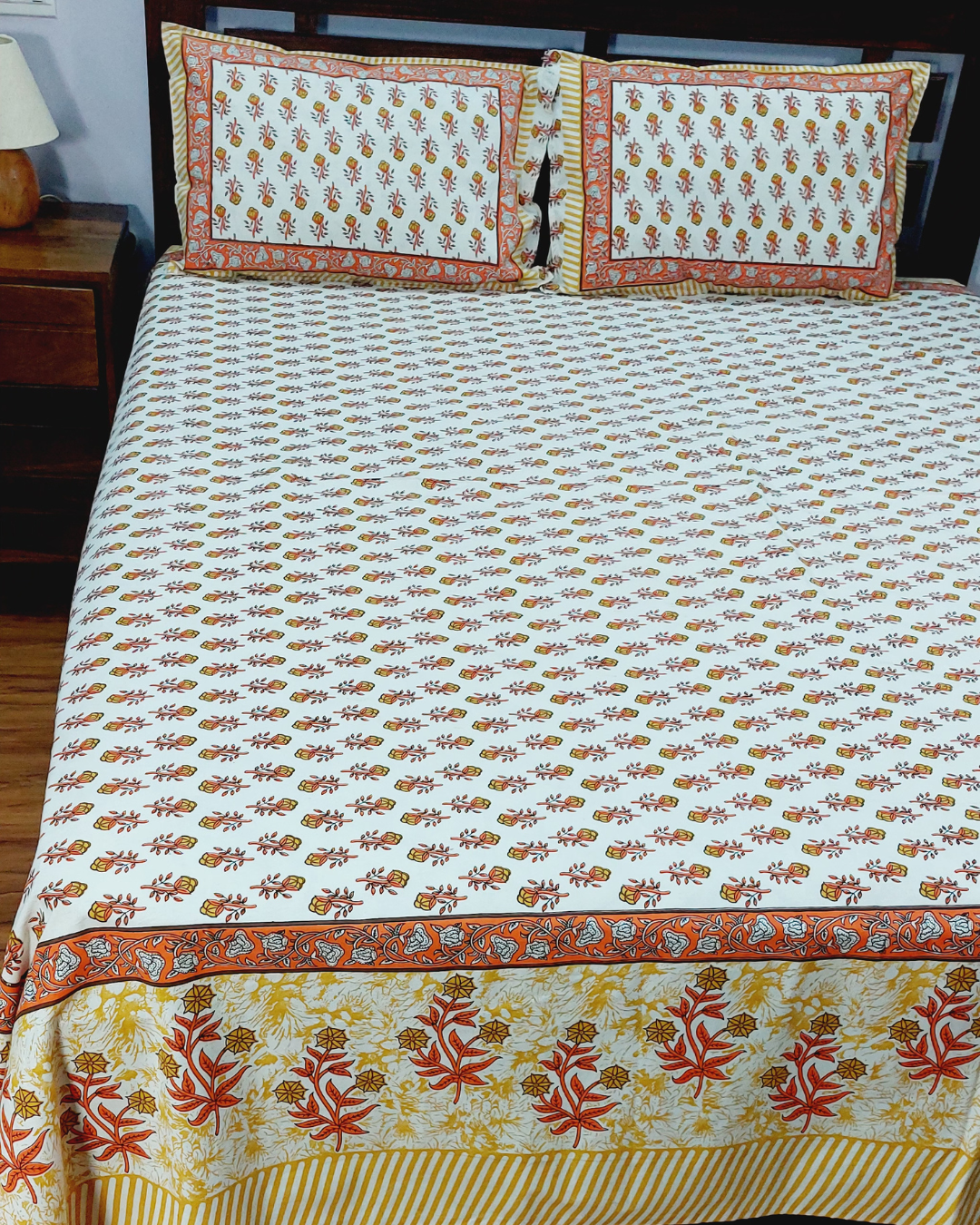 Cotton Orange Floral Butti Print King Size Bedsheet
