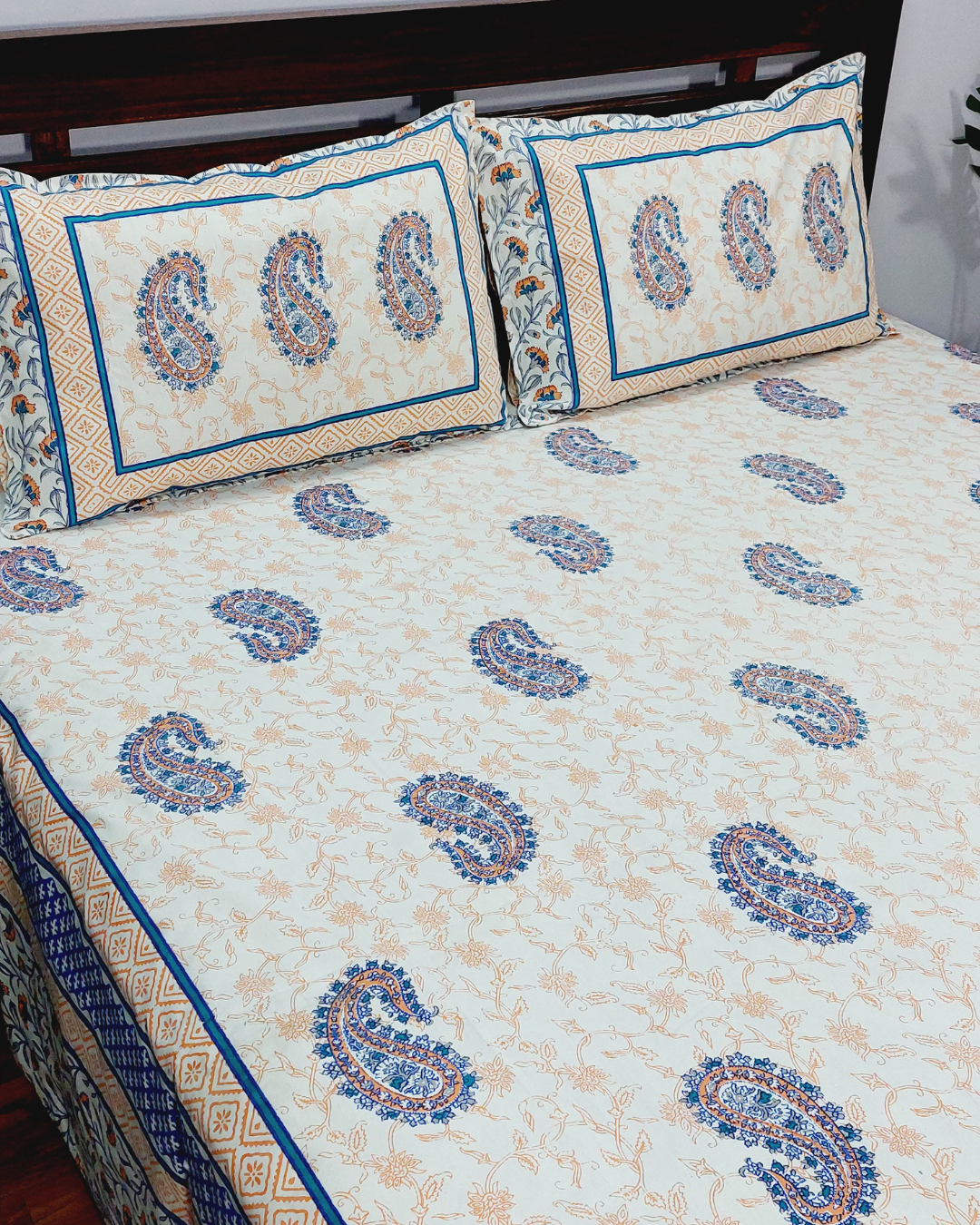 King Size Bedsheet Orange Blue Paisley Print