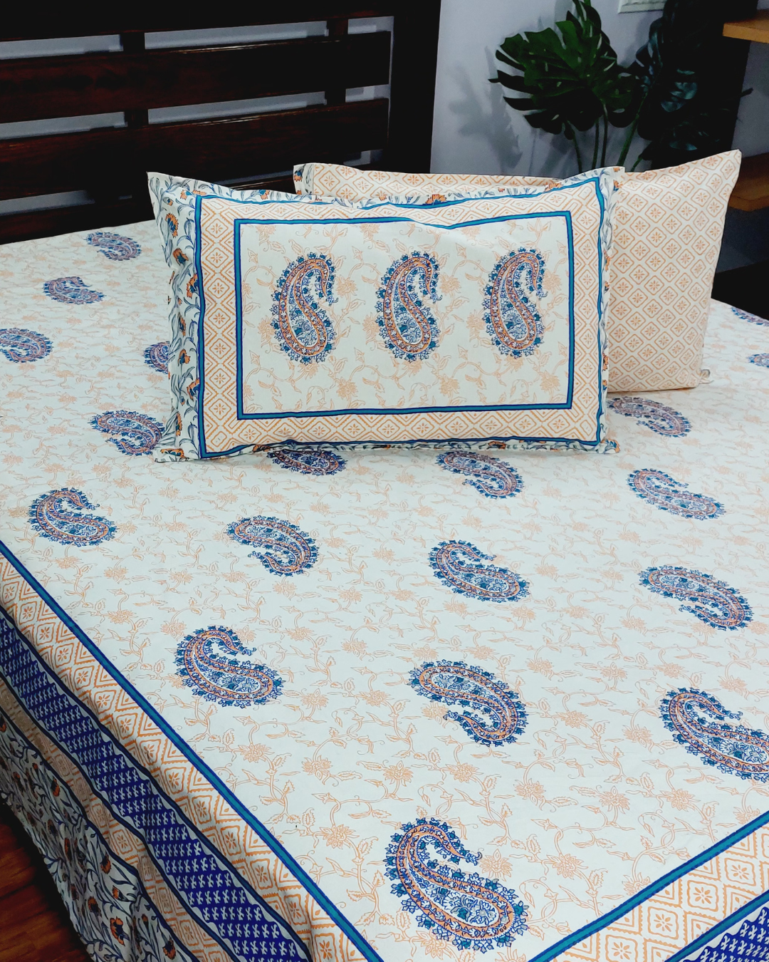 King Size Bedsheet Orange Blue Paisley Print