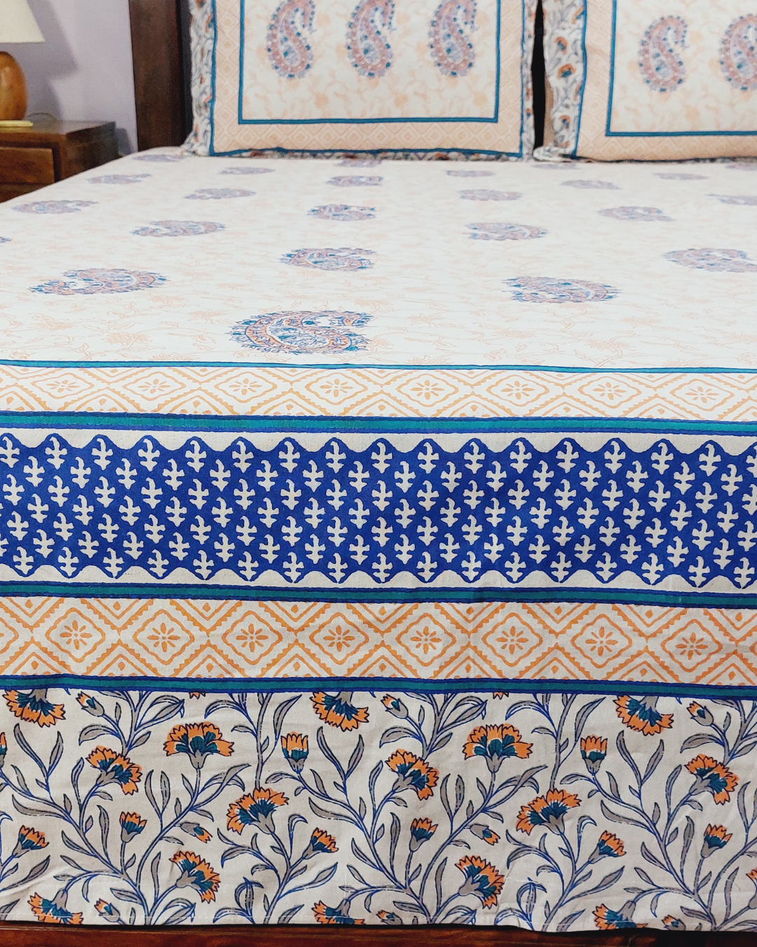 King Size Bedsheet Orange Blue Paisley Print