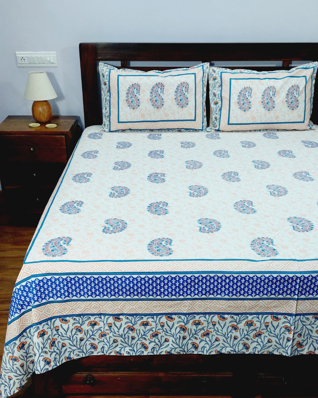 King Size Bedsheet Orange Blue Paisley Print