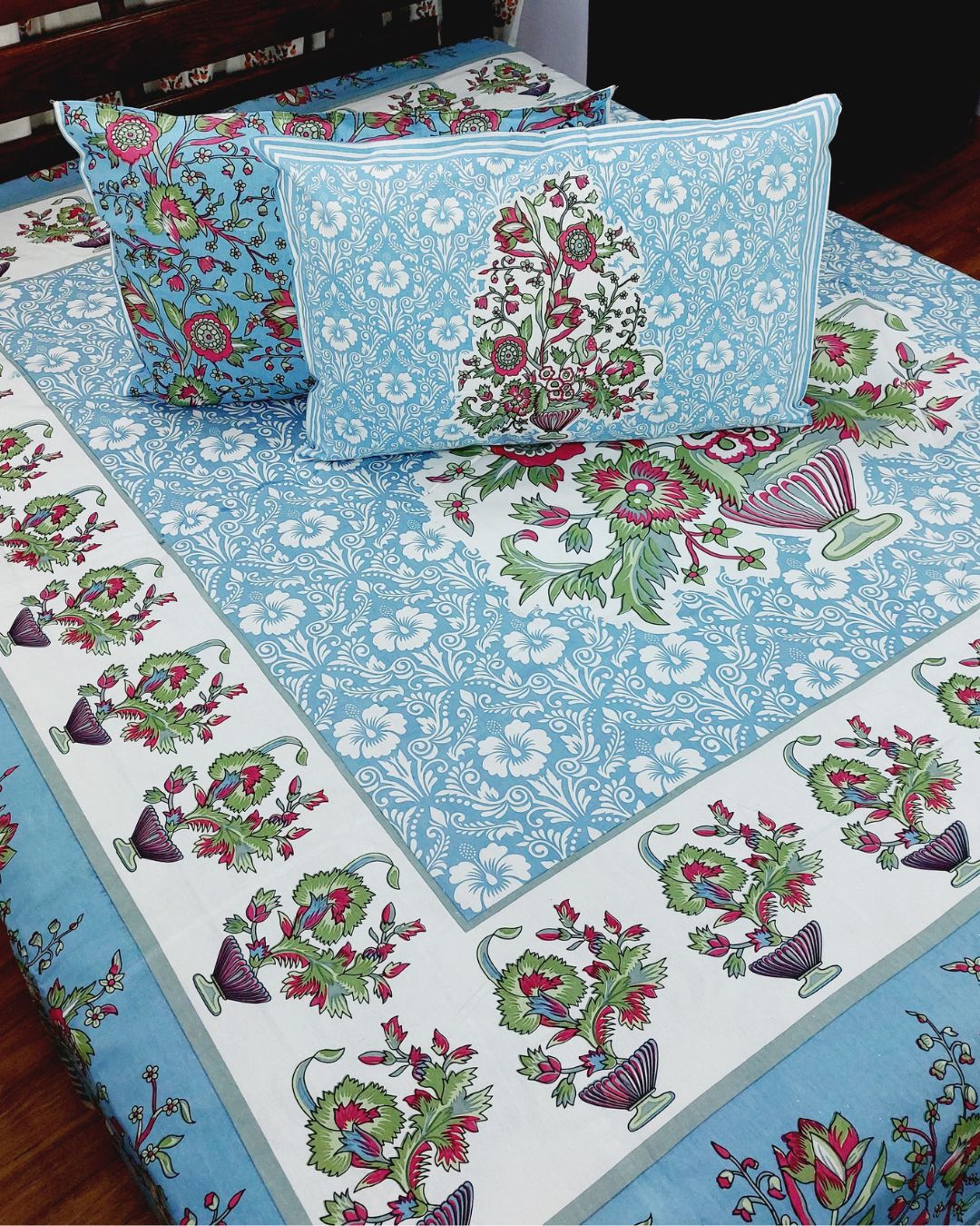 Cotton King Size Bedsheet Green Blue Floral Print