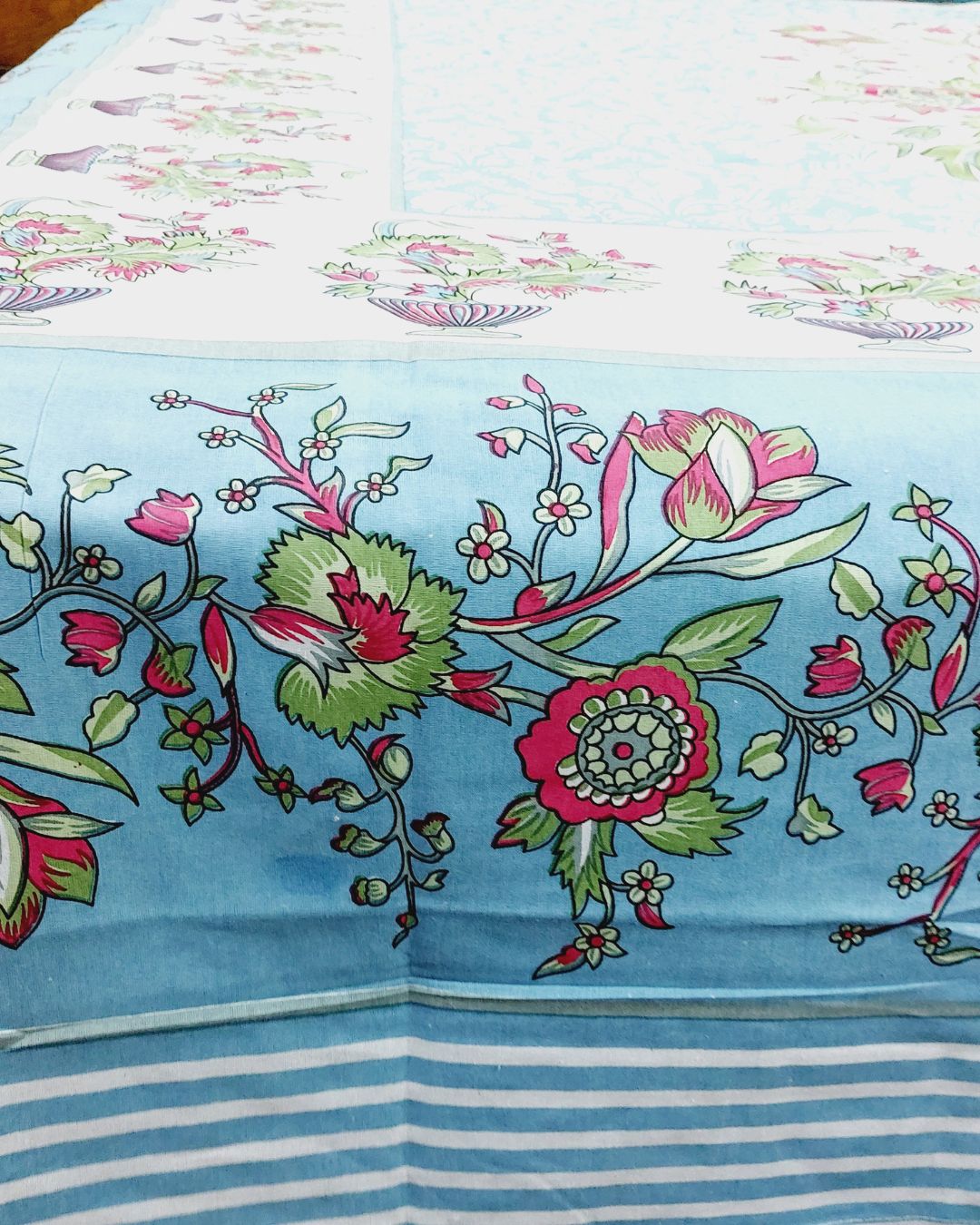 Cotton King Size Bedsheet Green Blue Floral Print