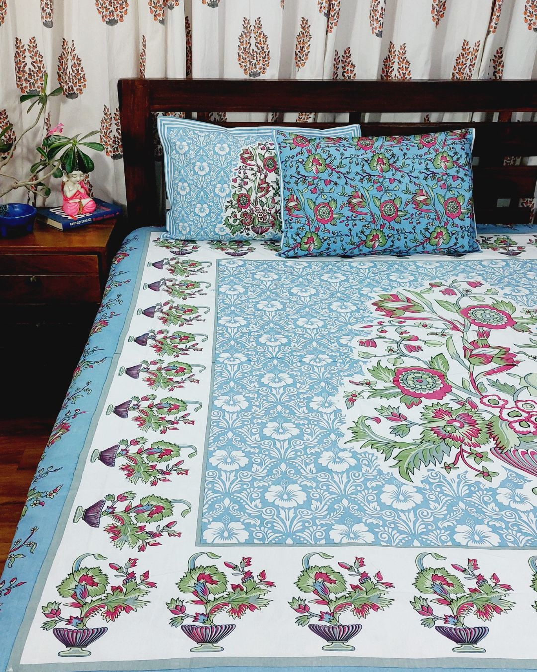 Cotton King Size Bedsheet Green Blue Floral Print