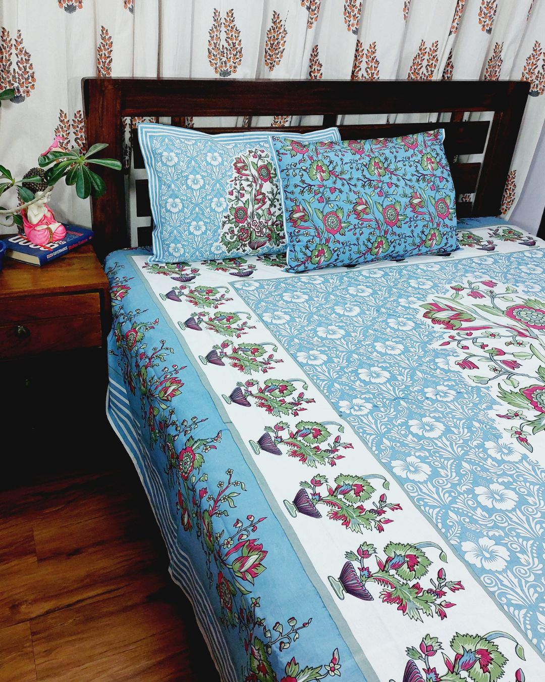 Cotton King Size Bedsheet Green Blue Floral Print