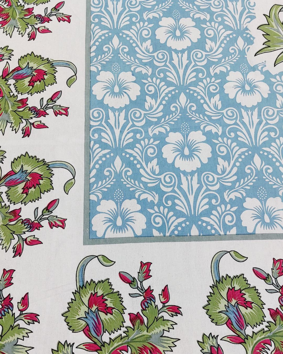 Cotton King Size Bedsheet Green Blue Floral Print