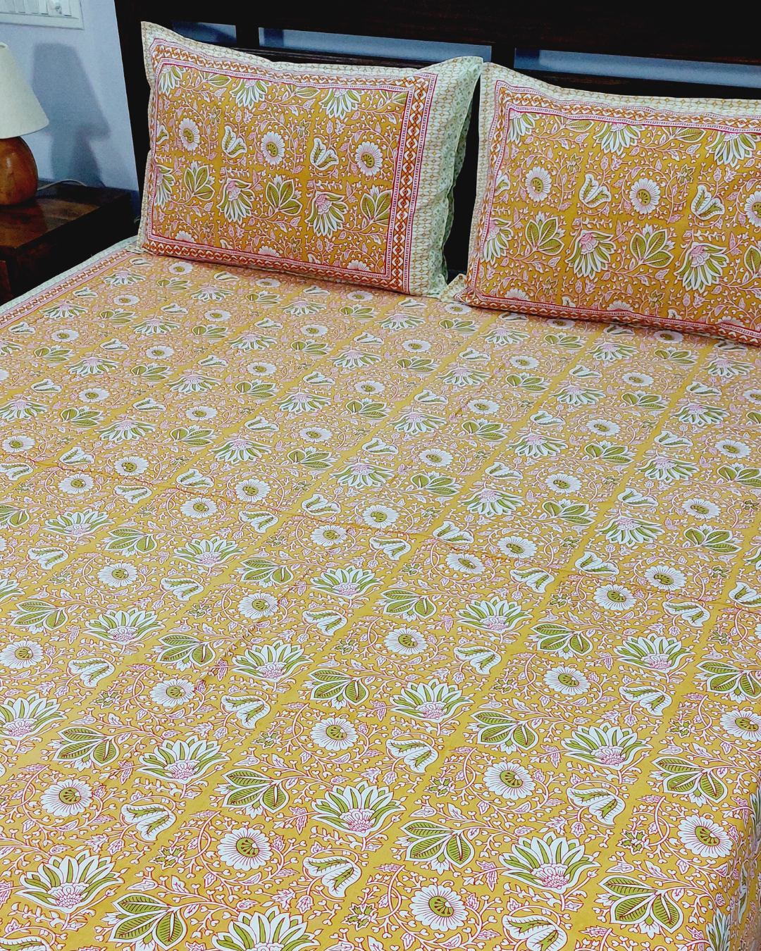 Cotton King Size Bedsheet Yellow Green Floral Print