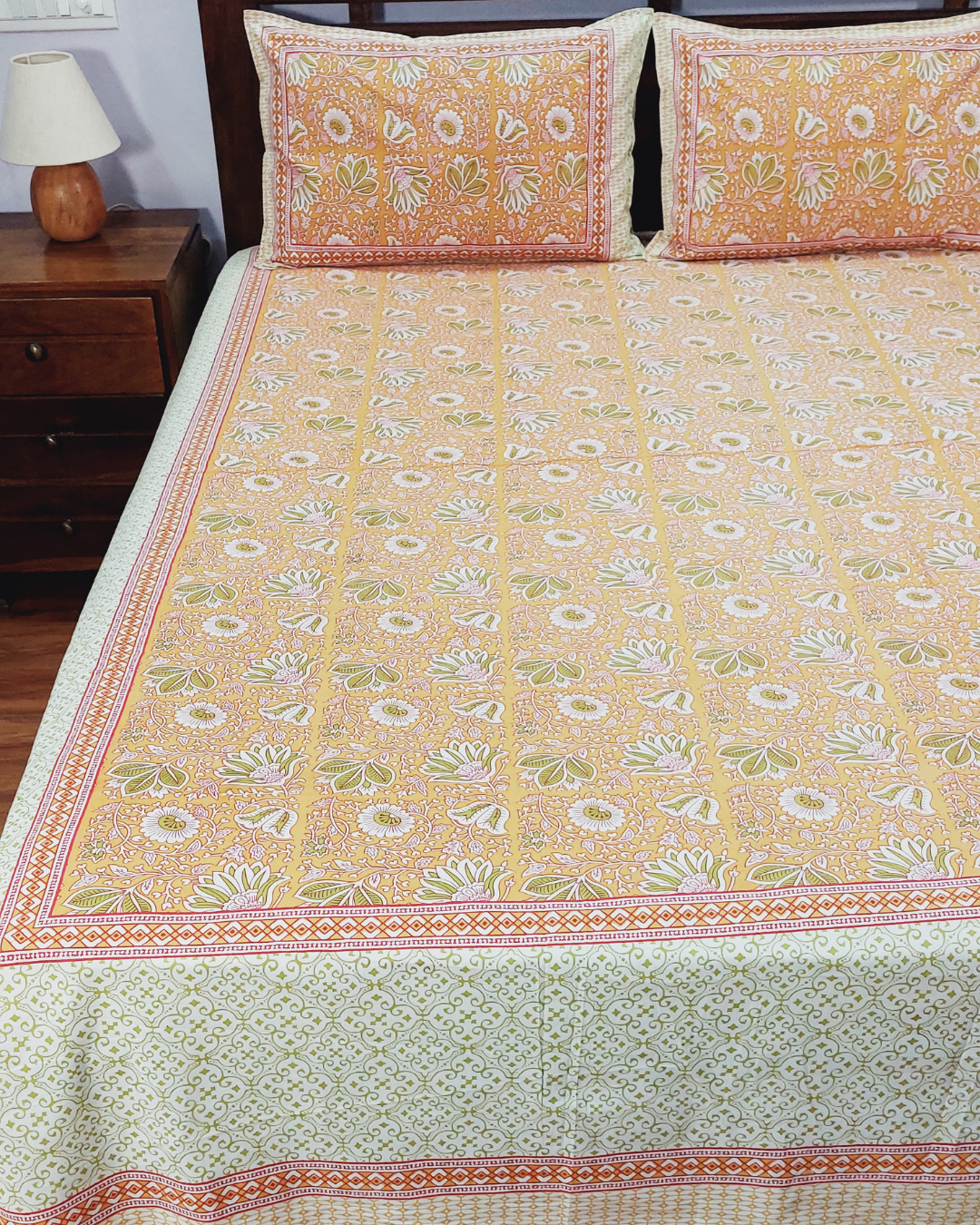 Cotton King Size Bedsheet Yellow Green Floral Print