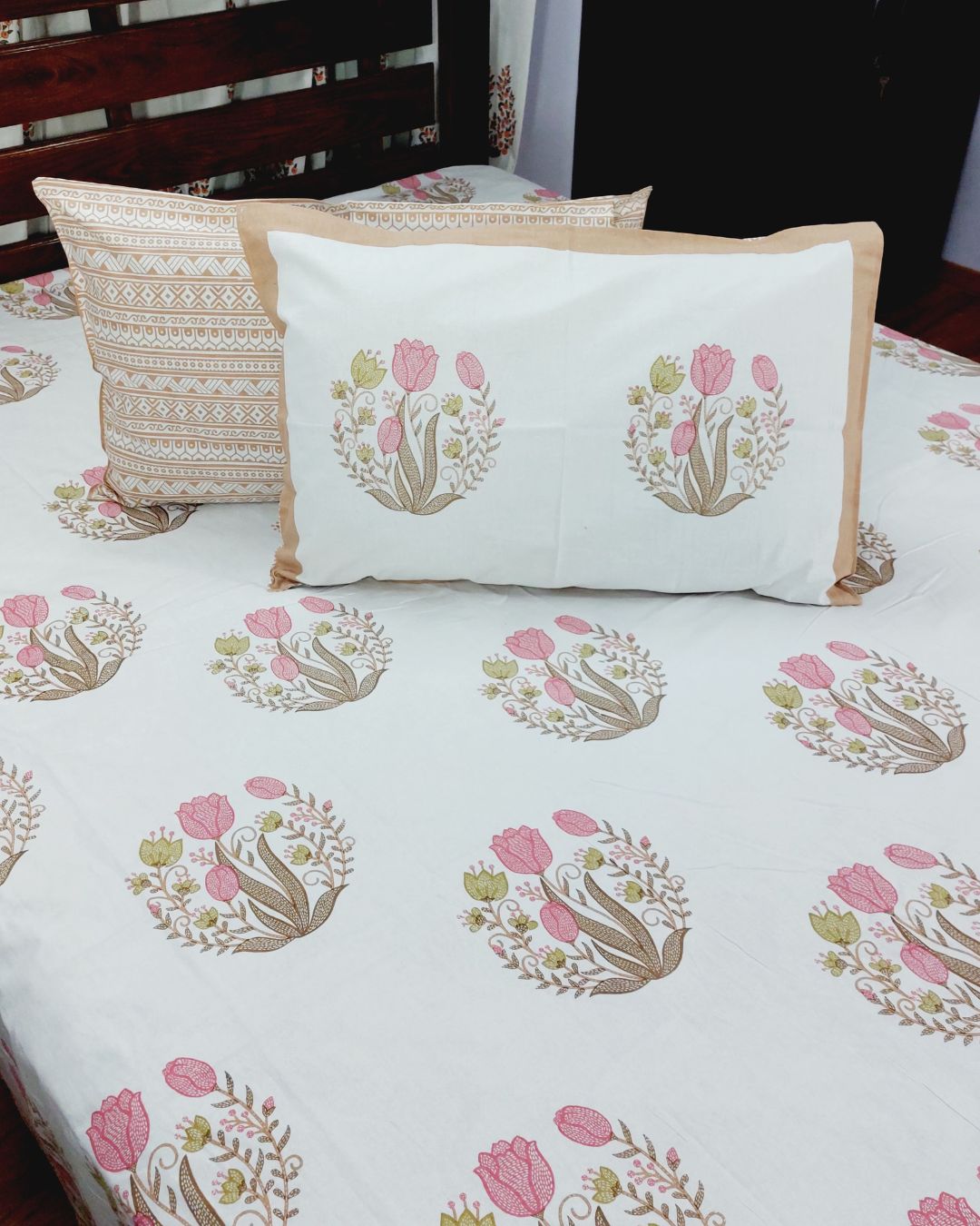 Cotton King Size Bedsheet Brown Pink Floral Butta Print