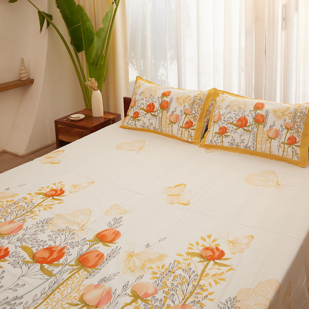 Cotton Orange Butterfly King Size Bedsheet