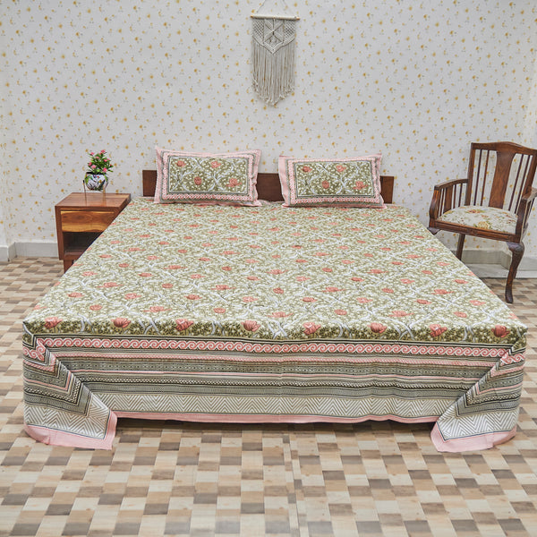 Cotton Pista Green Floral Jaal  King Size Bedsheet