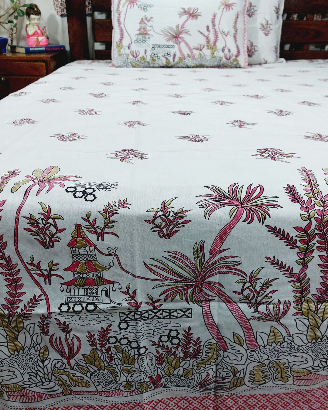 Cotton Pink Village Print King Size Bedsheet