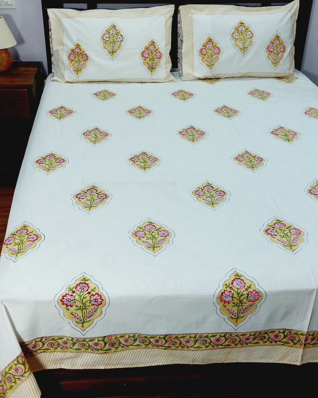 Cotton King Size Bedsheet Yellow Pink Floral Butta Print