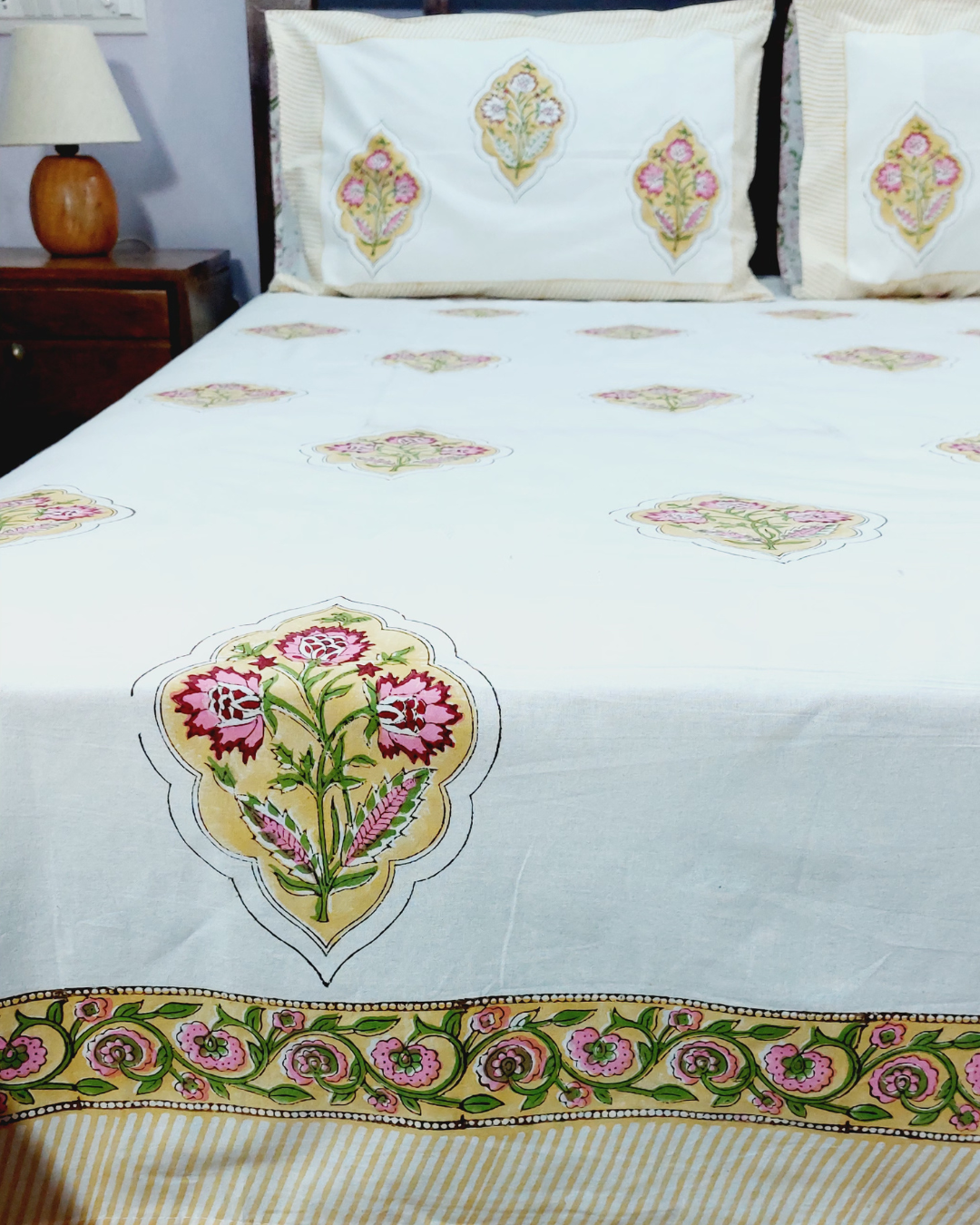 Cotton King Size Bedsheet Yellow Pink Floral Butta Print