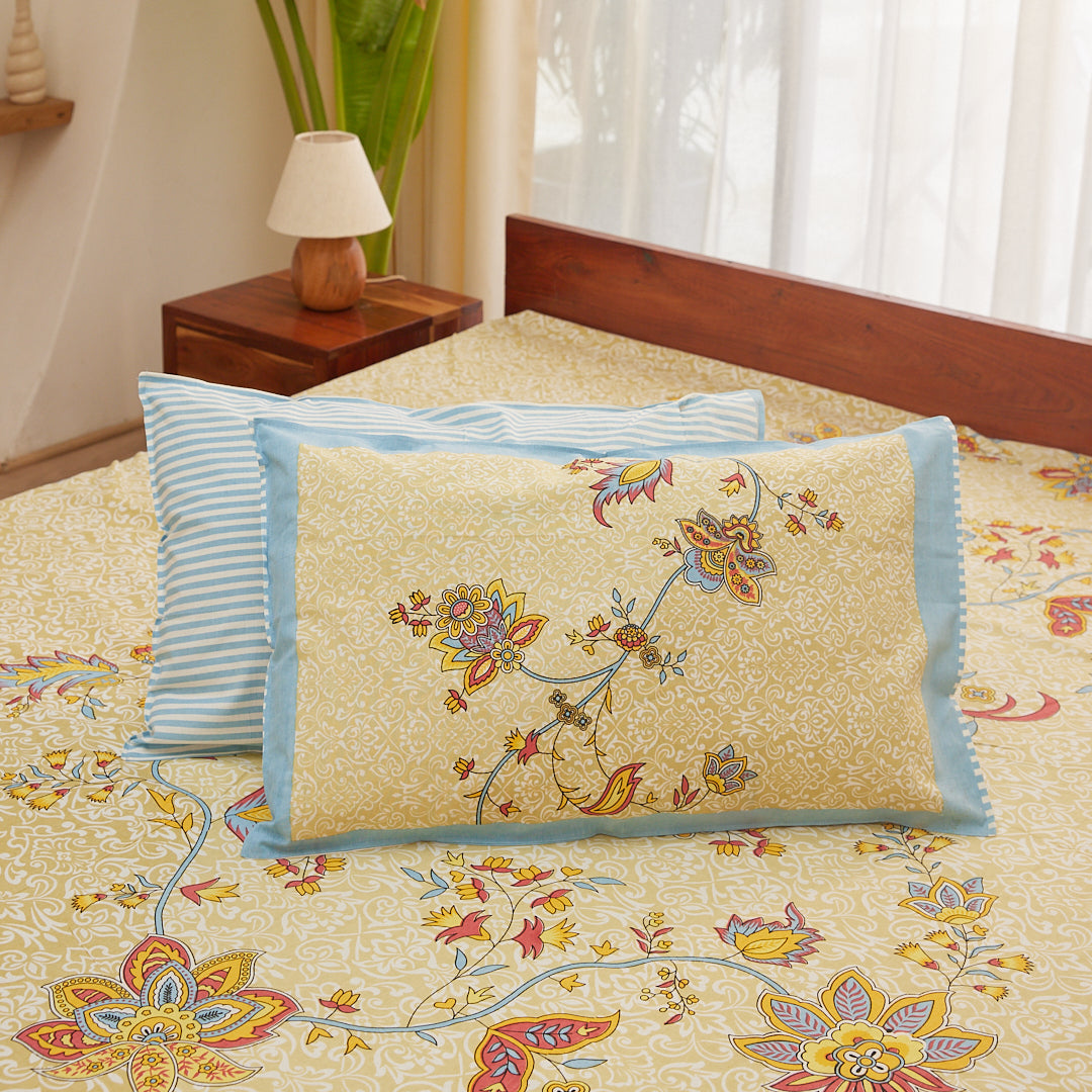 Cotton Pista Green Floral King Size Bedsheet