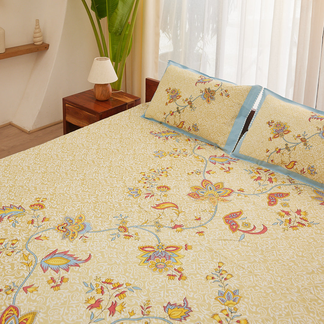 Cotton Pista Green Floral King Size Bedsheet