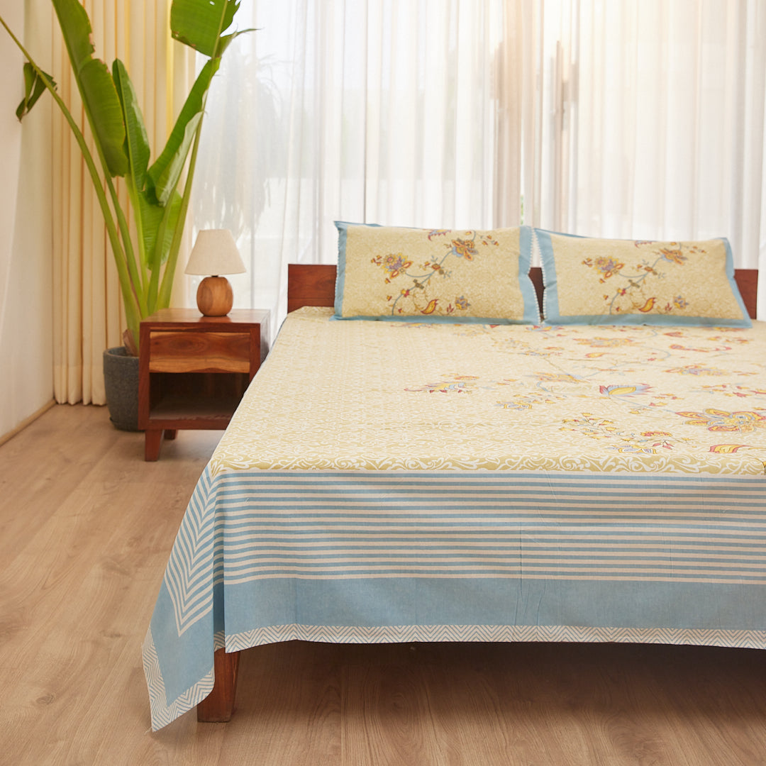Cotton Pista Green Floral King Size Bedsheet
