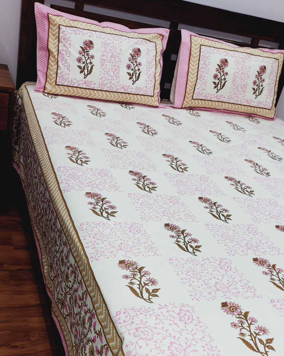 Cotton White Pink Floral Buta Print King Size Bedsheet